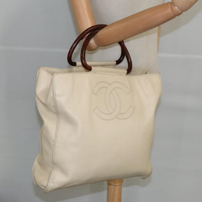 CHANEL Wood Hand Bag Caviar Skin Beige Brown Gold CC bs20161