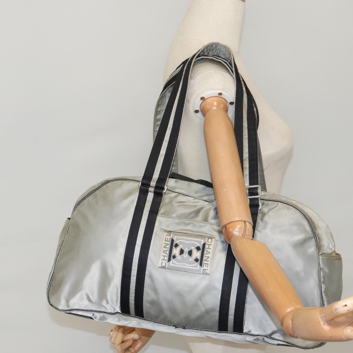 CHANEL Sports Boston Bag Canvas Silver Black CC bs20164