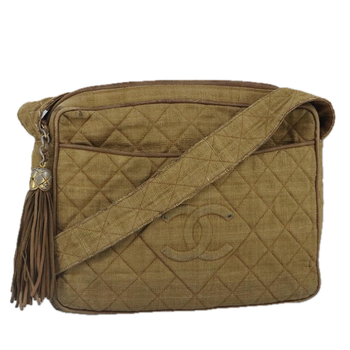 CHANEL Matelasse Shoulder Bag Canvas Beige CC bs20198