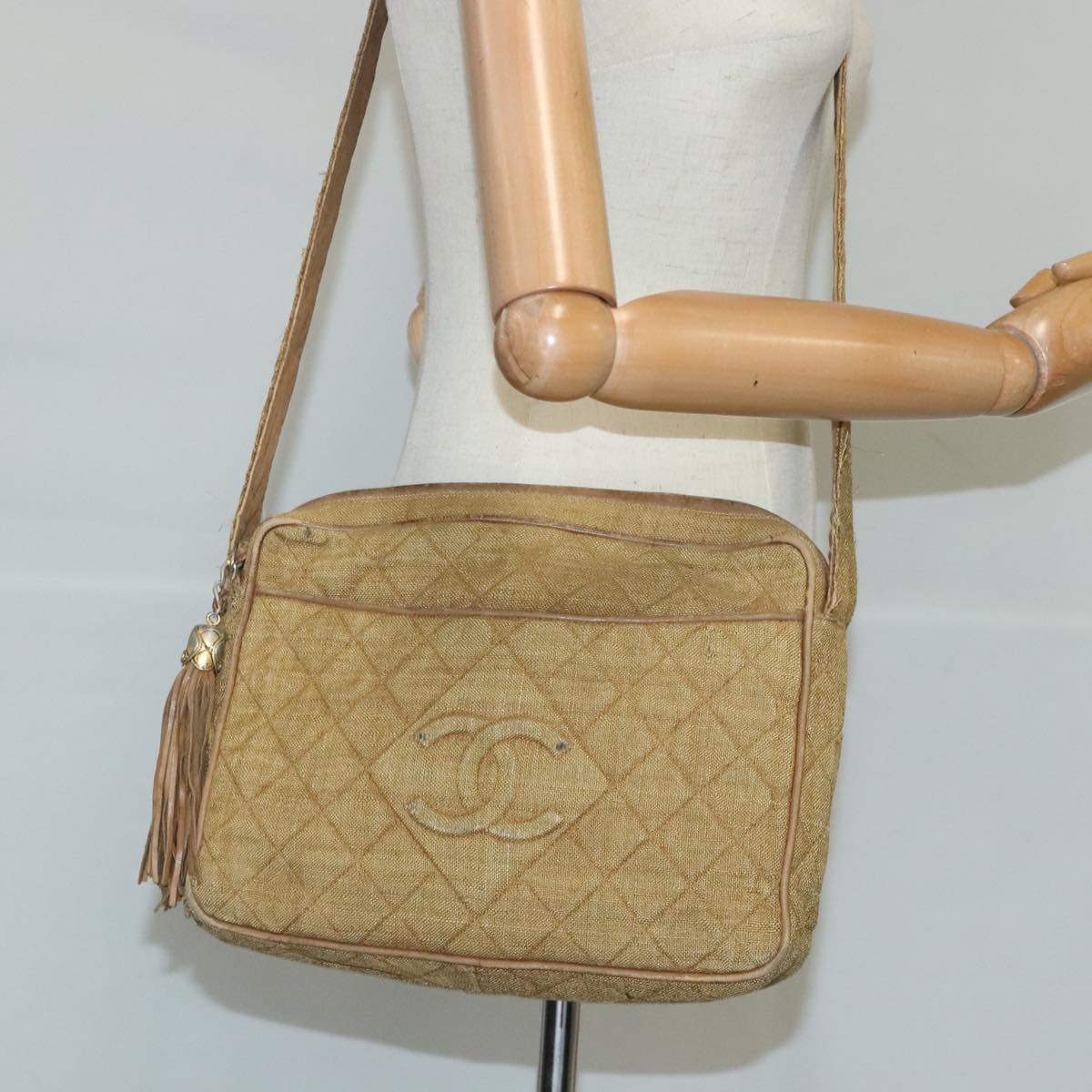 CHANEL Matelasse Shoulder Bag Canvas Beige CC bs20198