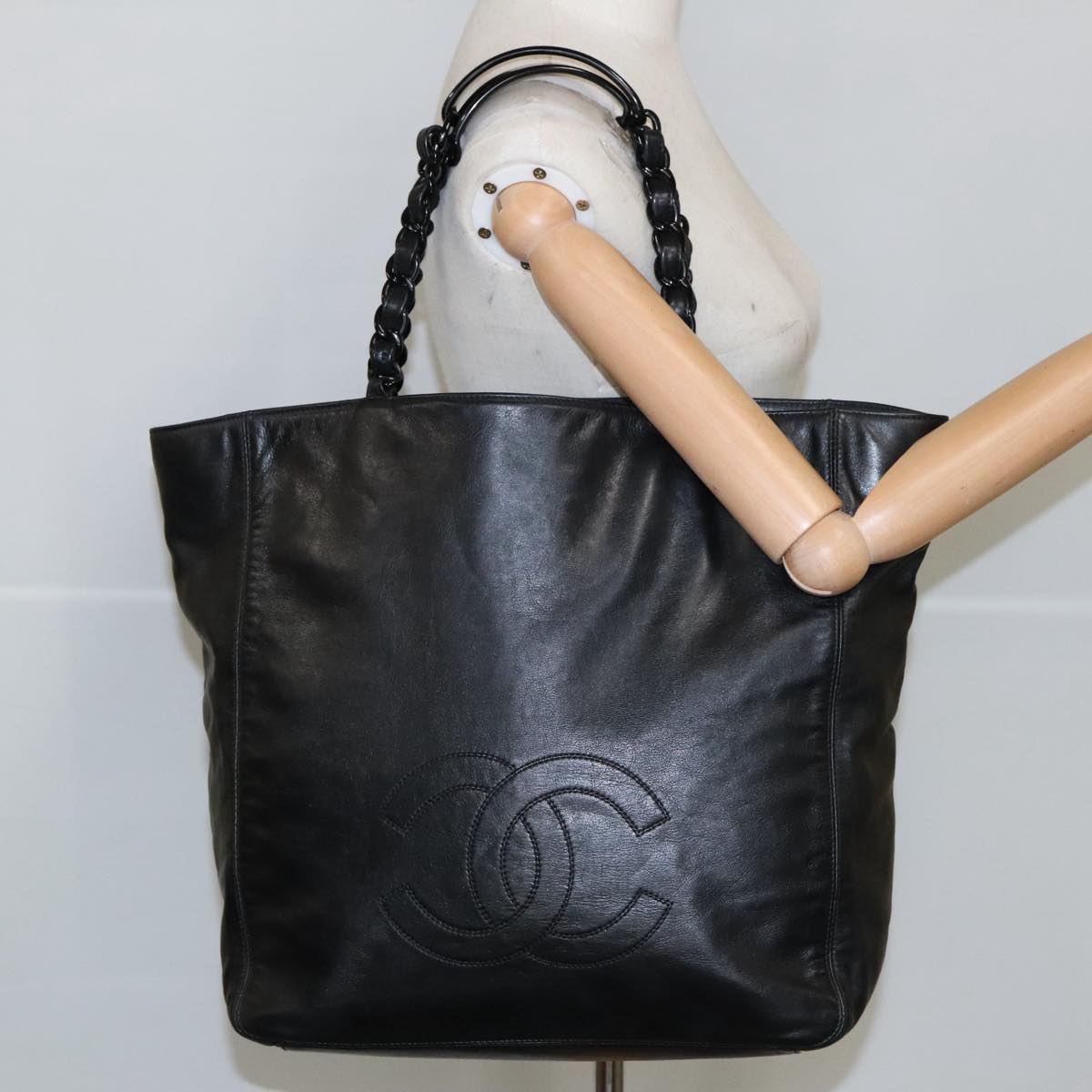 CHANEL COCO Mark Chain Tote Bag Lamb Skin Black CC bs20389