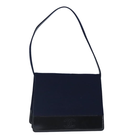 CHANEL Shoulder Bag Cotton Leather Navy Black CC bs20475