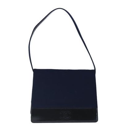 CHANEL Shoulder Bag Cotton Leather Navy Black CC bs20475