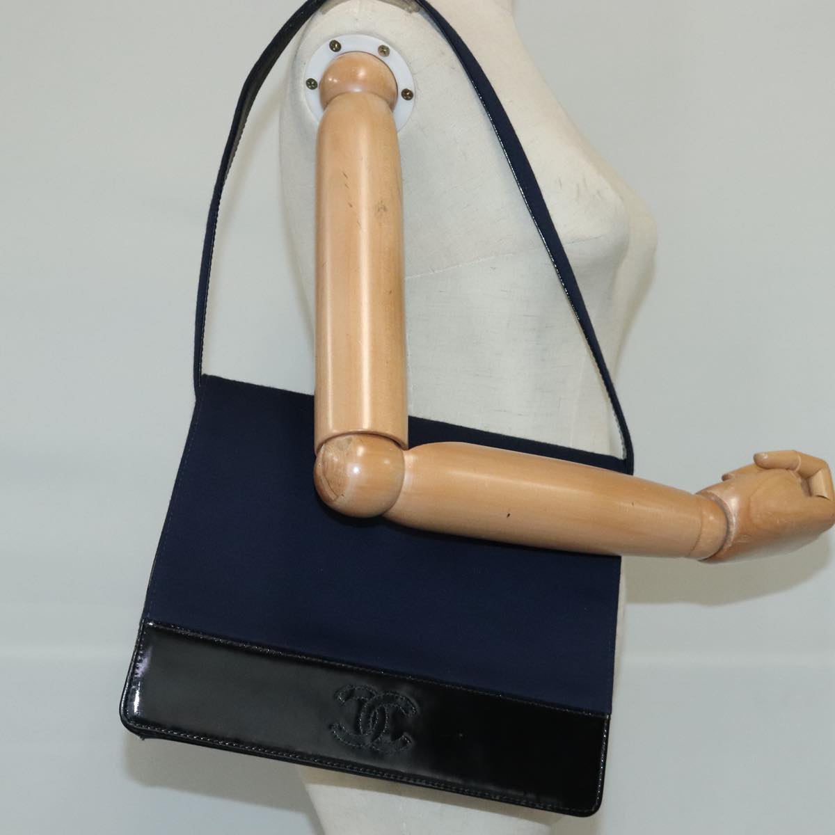 CHANEL Shoulder Bag Cotton Leather Navy Black CC bs20475