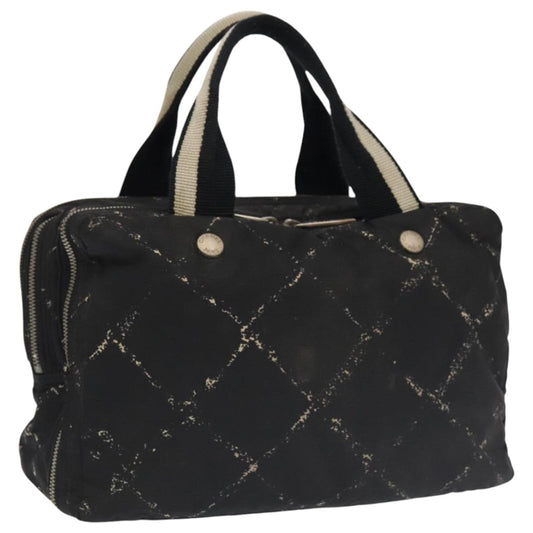 CHANEL Travel Line Hand Bag Nylon Black White Silver CC bs20701