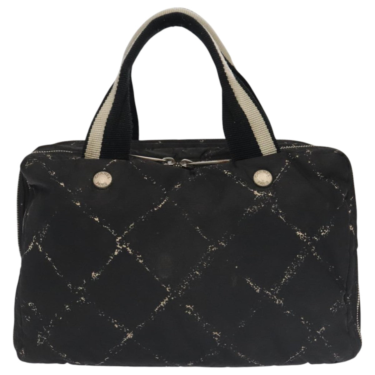 CHANEL Travel Line Hand Bag Nylon Black White Silver CC bs20701