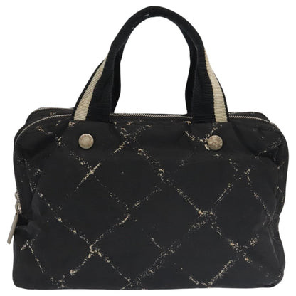 CHANEL Travel Line Hand Bag Nylon Black White Silver CC bs20701
