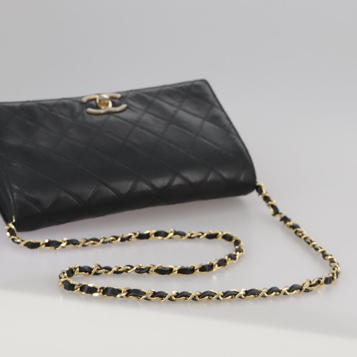 CHANEL Bicolore Chain Matelasse Bag Lamb Skin Black Gold CC bs20905