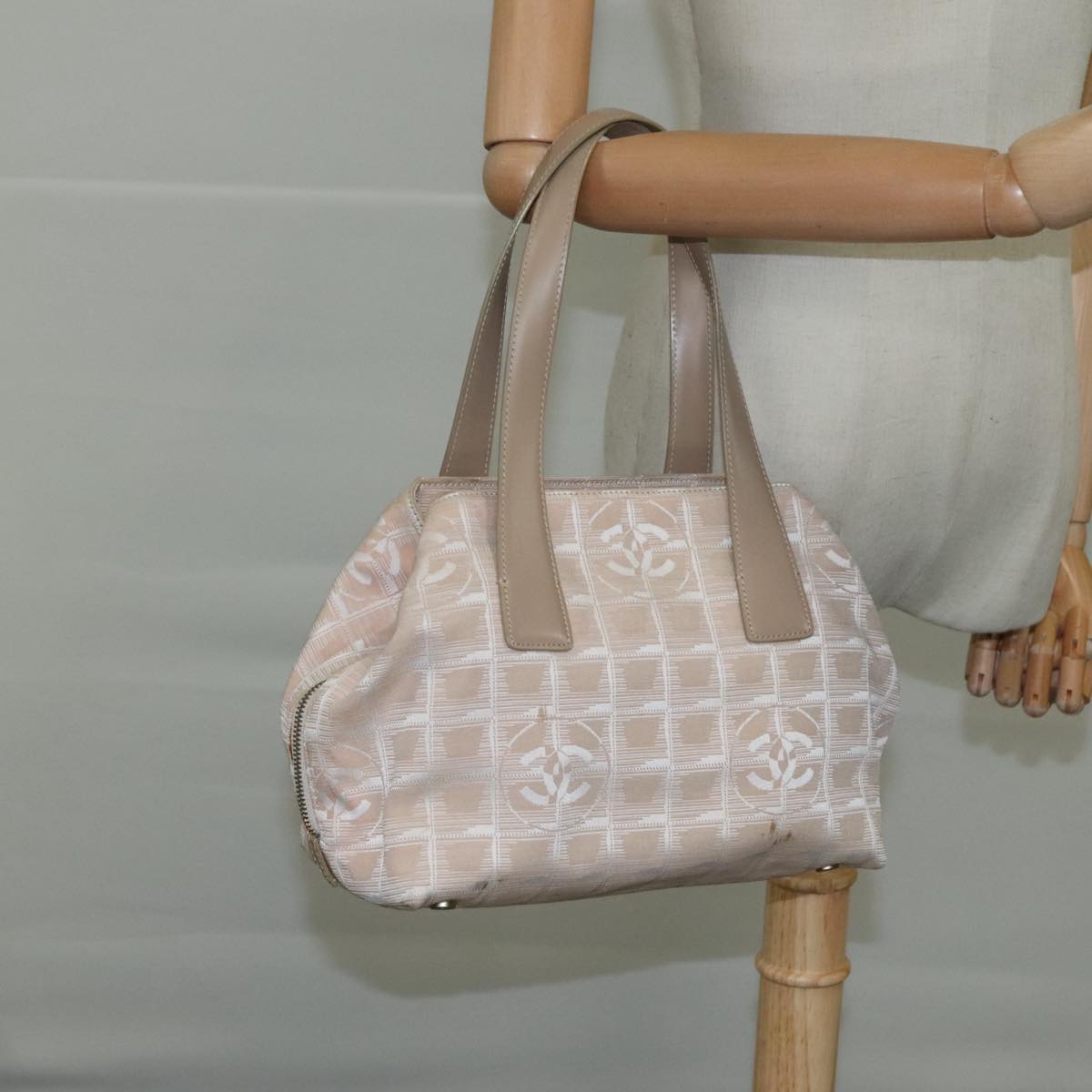 CHANEL New Travel Line Hand Bag Nylon Leather Beige Gold CC bs20923