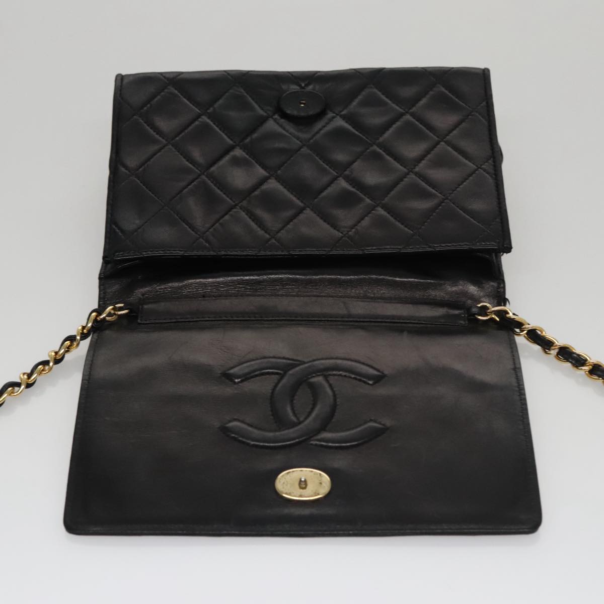 CHANEL Chain Matelasse Shoulder Bag Lamb Skin Gold Black CC bs21032