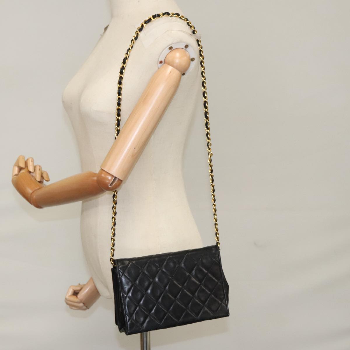 CHANEL Chain Matelasse Shoulder Bag Lamb Skin Gold Black CC bs21032