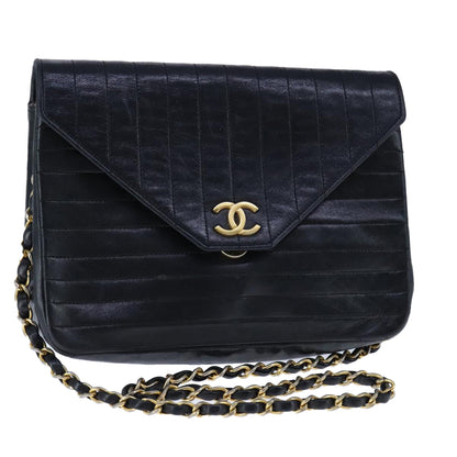 CHANEL Mademoiselle Chain Shoulder Bag Lamb Skin Black Gold CC bs21196