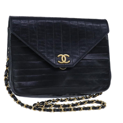 CHANEL Mademoiselle Chain Shoulder Bag Lamb Skin Black Gold CC bs21196