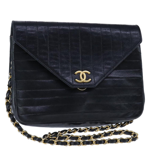 CHANEL Mademoiselle Chain Shoulder Bag Lamb Skin Black Gold CC bs21196