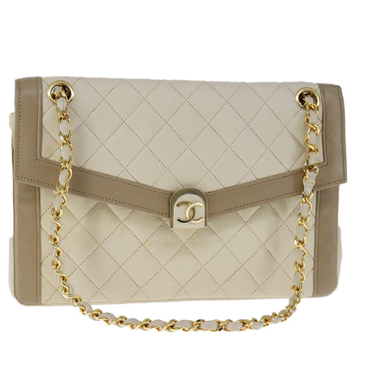 CHANEL Matelasse Chain Hand Bag Lamb Skin Beige Gold CC bs21211