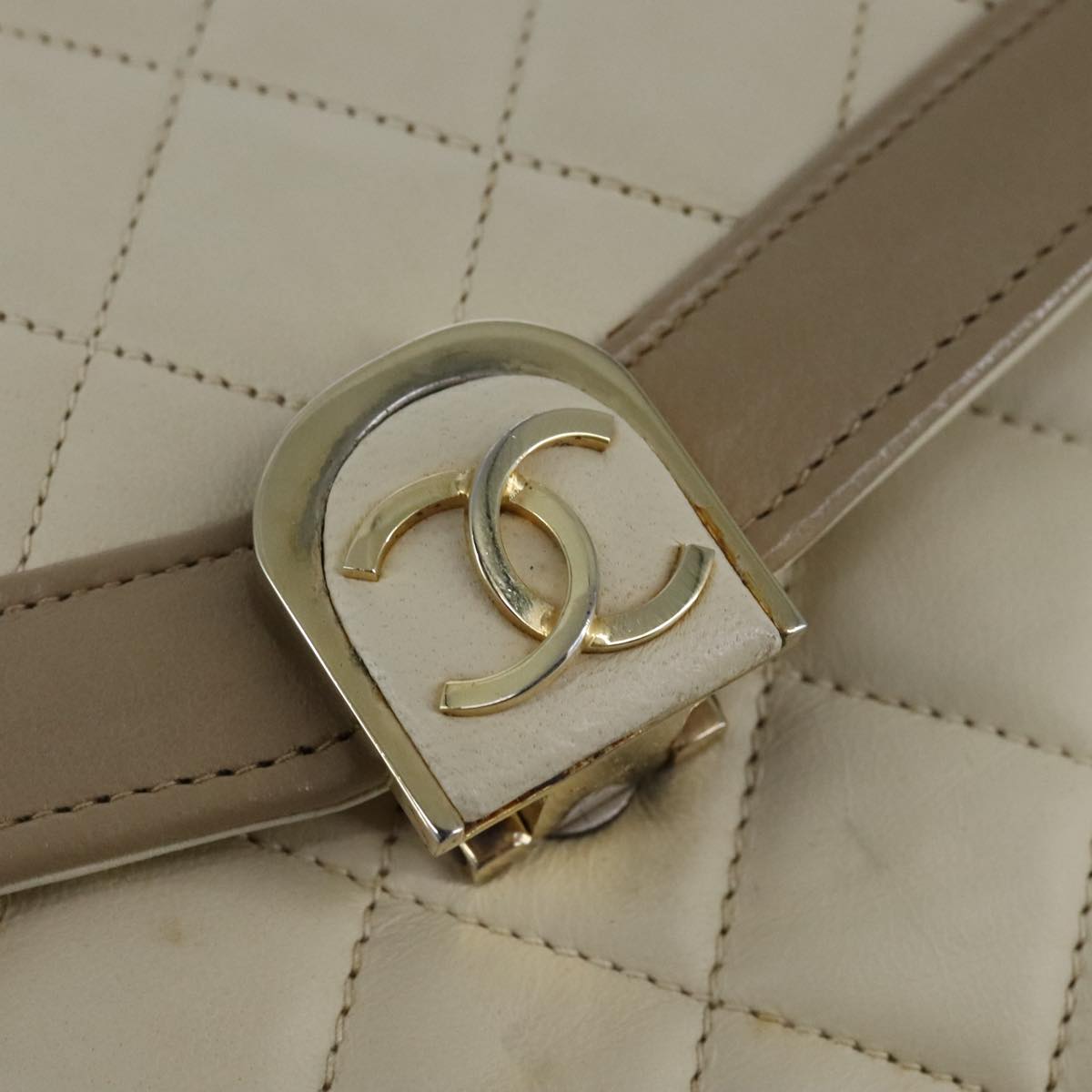 CHANEL Matelasse Chain Hand Bag Lamb Skin Beige Gold CC bs21211