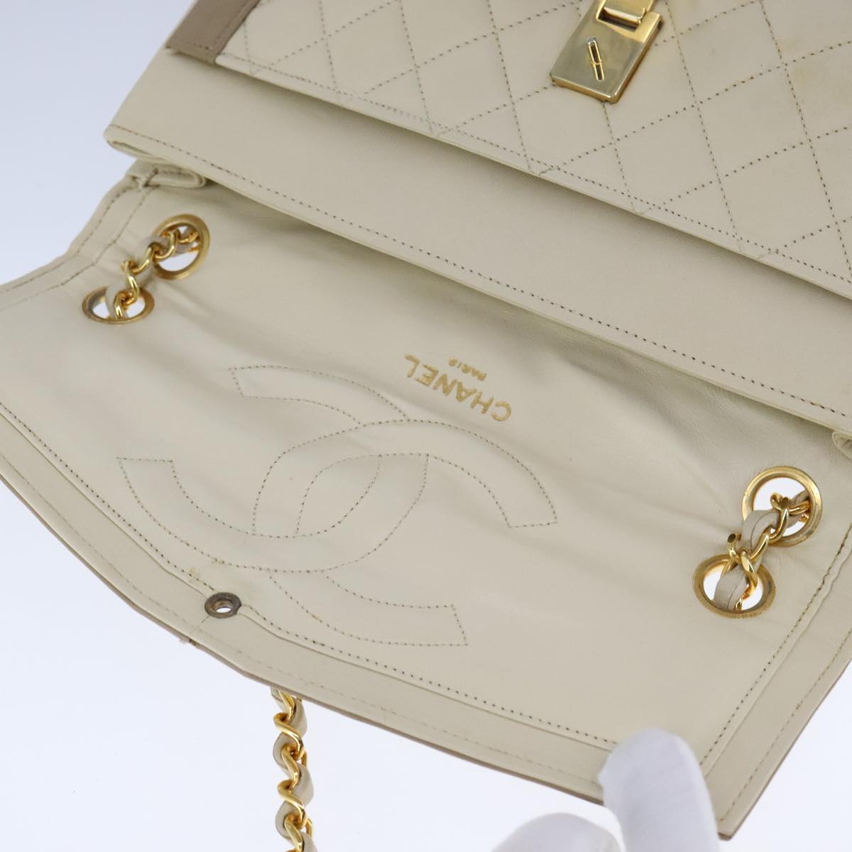 CHANEL Matelasse Chain Hand Bag Lamb Skin Beige Gold CC bs21211