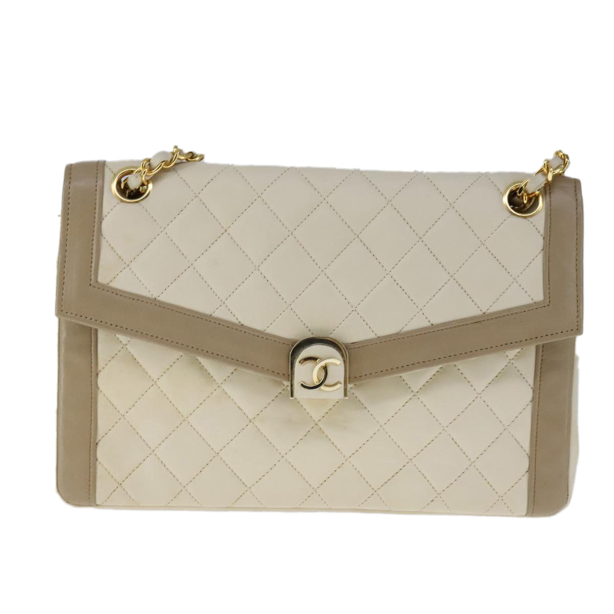 CHANEL Matelasse Chain Hand Bag Lamb Skin Beige Gold CC bs21211