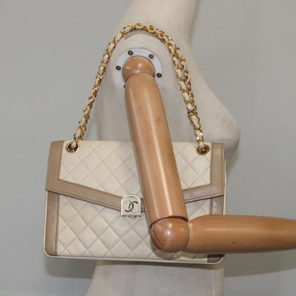 CHANEL Matelasse Chain Hand Bag Lamb Skin Beige Gold CC bs21211