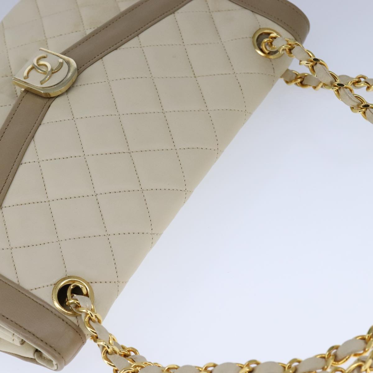 CHANEL Matelasse Chain Hand Bag Lamb Skin Beige Gold CC bs21211