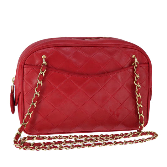 CHANEL Matelasse Shoulder Bag Lamb Skin Red Gold CC bs21314