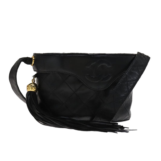 CHANEL Matelasse Shoulder Bag Lamb Skin Gold Black CC bs21318