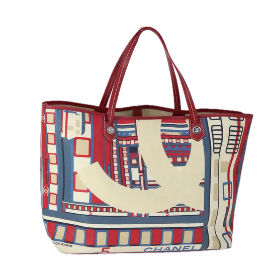 CHANEL Central Station Tote Bag Coated Canvas Red Beige Silver CC bs21321