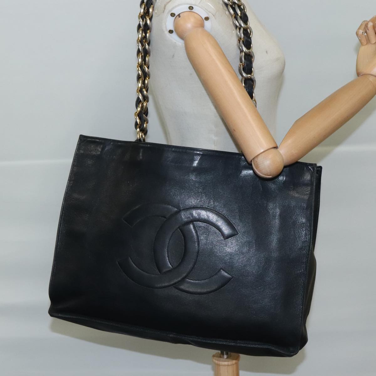 CHANEL Chain Tote Bag Leather Black Gold CC bs21542
