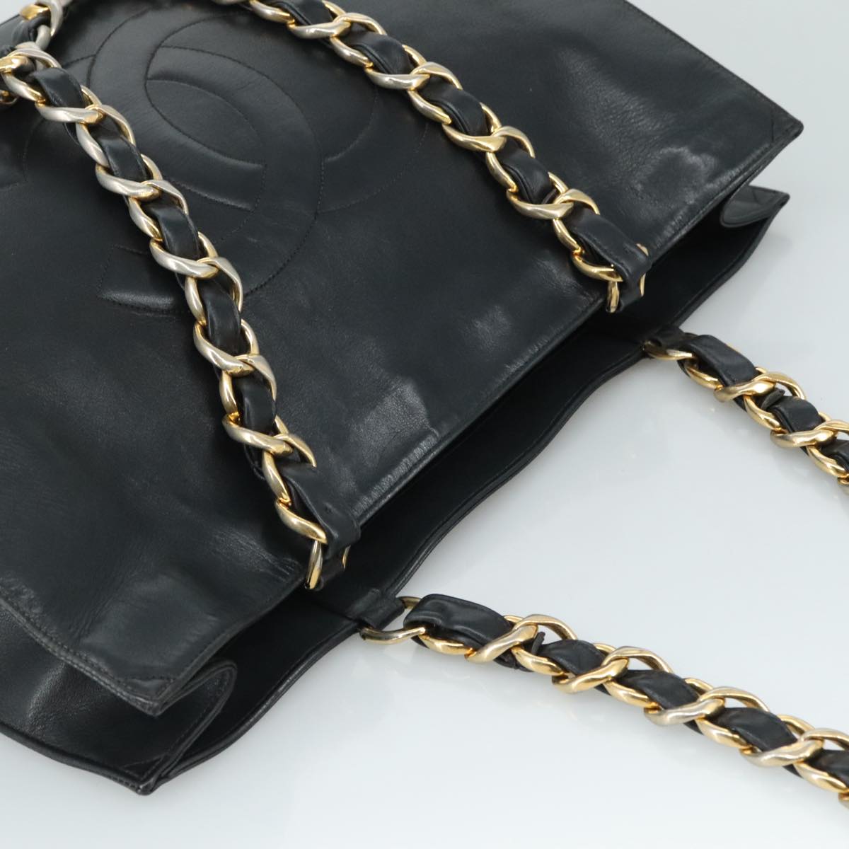 CHANEL Chain Tote Bag Leather Black Gold CC bs21542