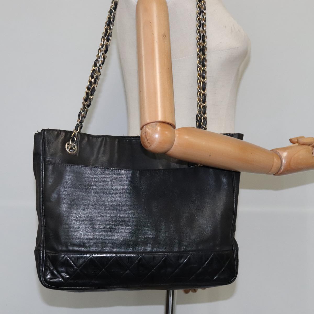 CHANEL Chain Tote Bag PVC Leather Black Gold CC bs21543