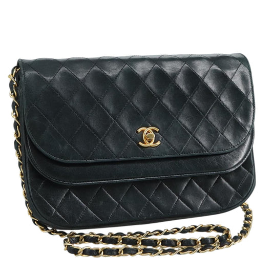 CHANEL Chain Matelasse Shoulder Bag Lamb Skin Navy Gold CC bs21661