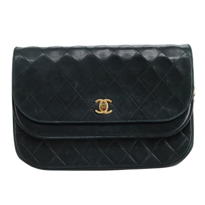 CHANEL Chain Matelasse Shoulder Bag Lamb Skin Navy Gold CC bs21661