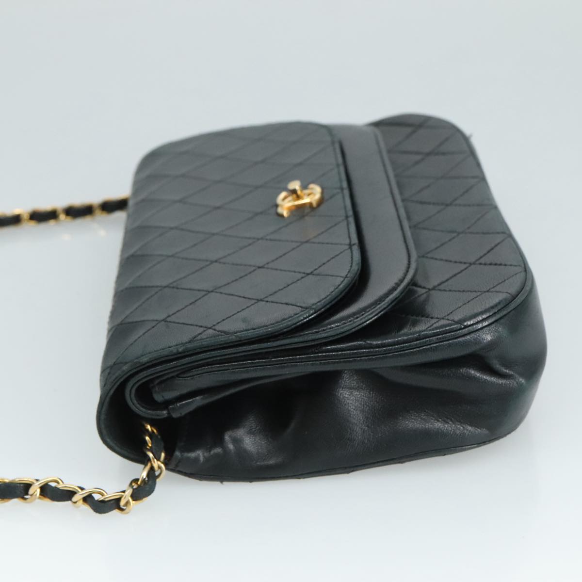 CHANEL Chain Matelasse Shoulder Bag Lamb Skin Navy Gold CC bs21661
