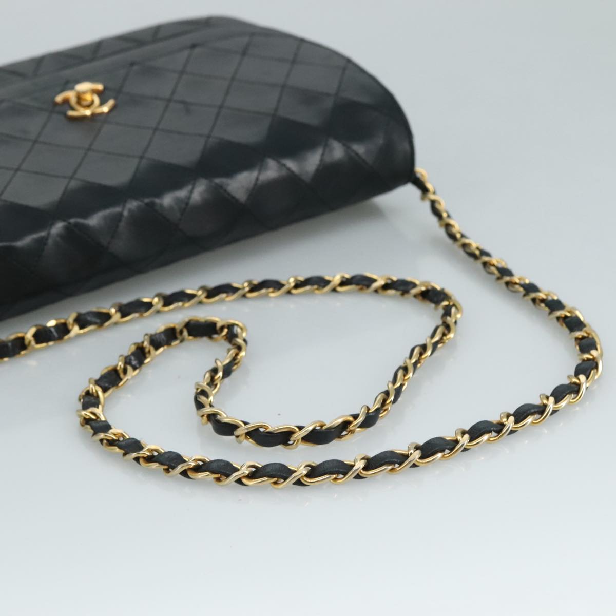 CHANEL Chain Matelasse Shoulder Bag Lamb Skin Navy Gold CC bs21661
