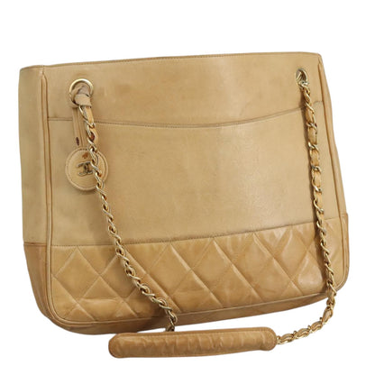 CHANEL Matelasse Chain Tote Bag Lamb Skin Beige Gold CC bs21670