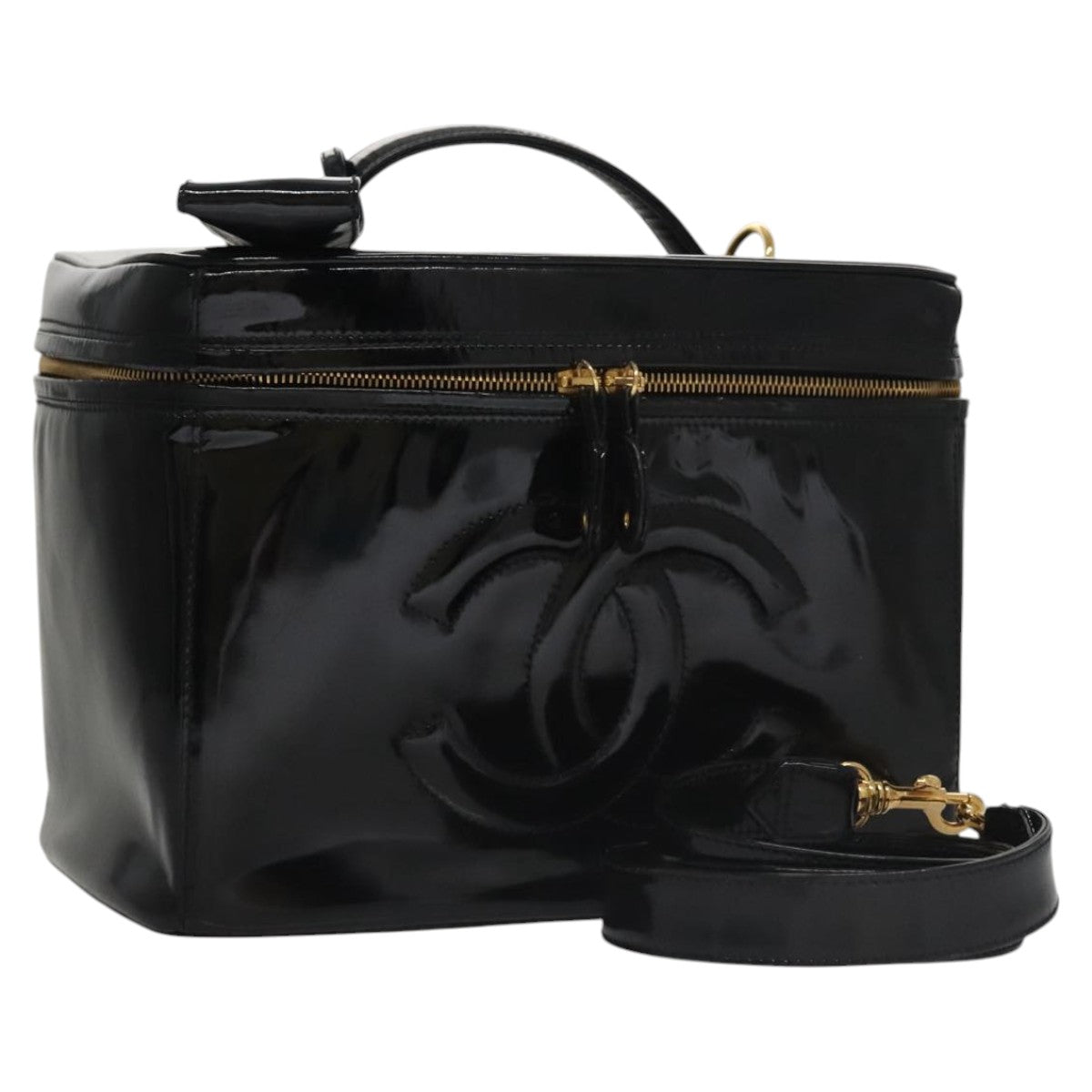 CHANEL Vanity Pouch Patent leather 2way Black Gold CC bs21681