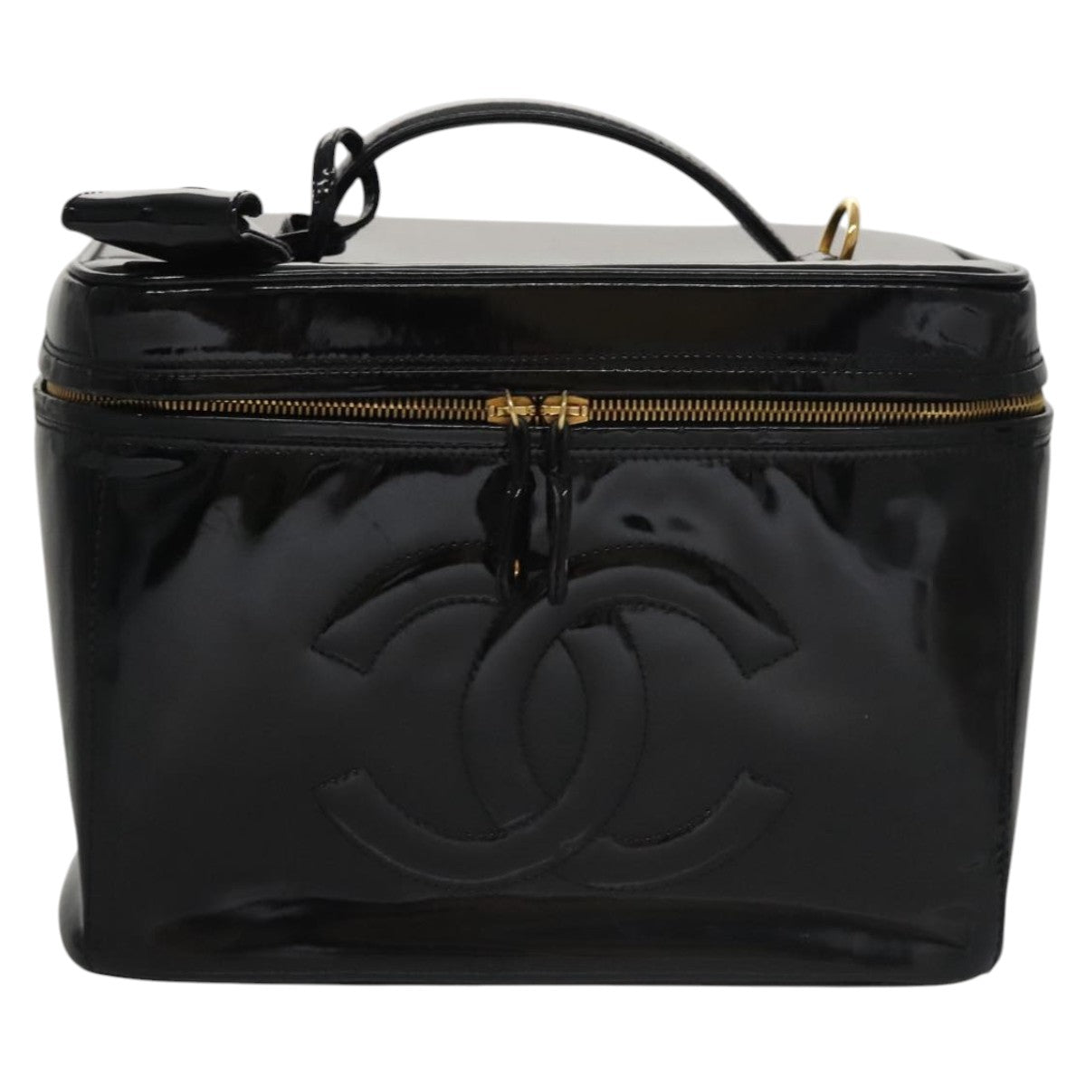 CHANEL Vanity Pouch Patent leather 2way Black Gold CC bs21681