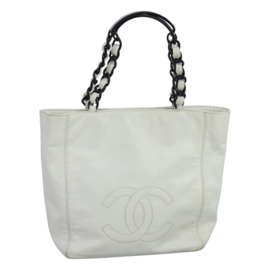 CHANEL Tote Bag Lamb Skin White CC bs21711