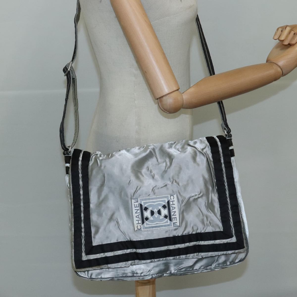 CHANEL Sports Shoulder Bag Nylon Silver CC bs21716