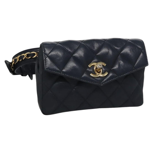 CHANEL Matelasse Chain Waist bag Lamb Skin Navy Gold CC bs21834