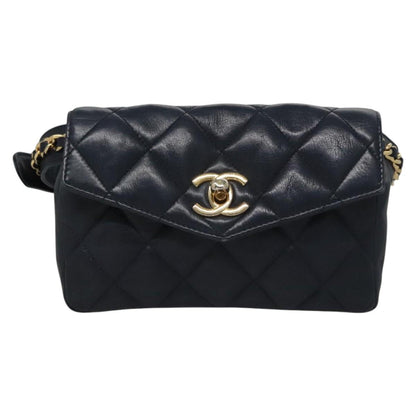 CHANEL Matelasse Chain Waist bag Lamb Skin Navy Gold CC bs21834
