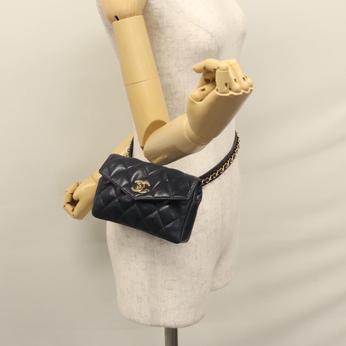 CHANEL Matelasse Chain Waist bag Lamb Skin Navy Gold CC bs21834