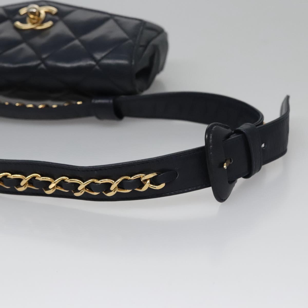 CHANEL Matelasse Chain Waist bag Lamb Skin Navy Gold CC bs21834