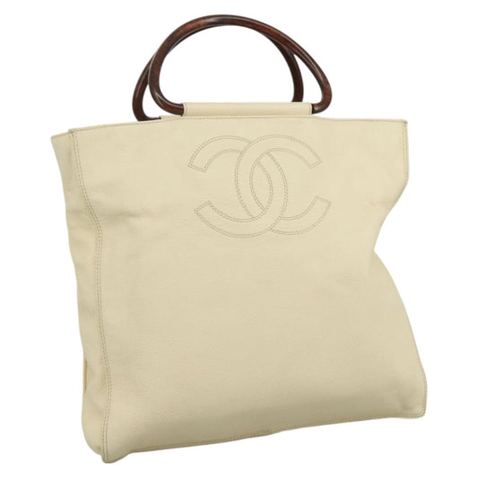 CHANEL COCO Mark Wood Hand Bag Caviar Skin Beige CC bs21943