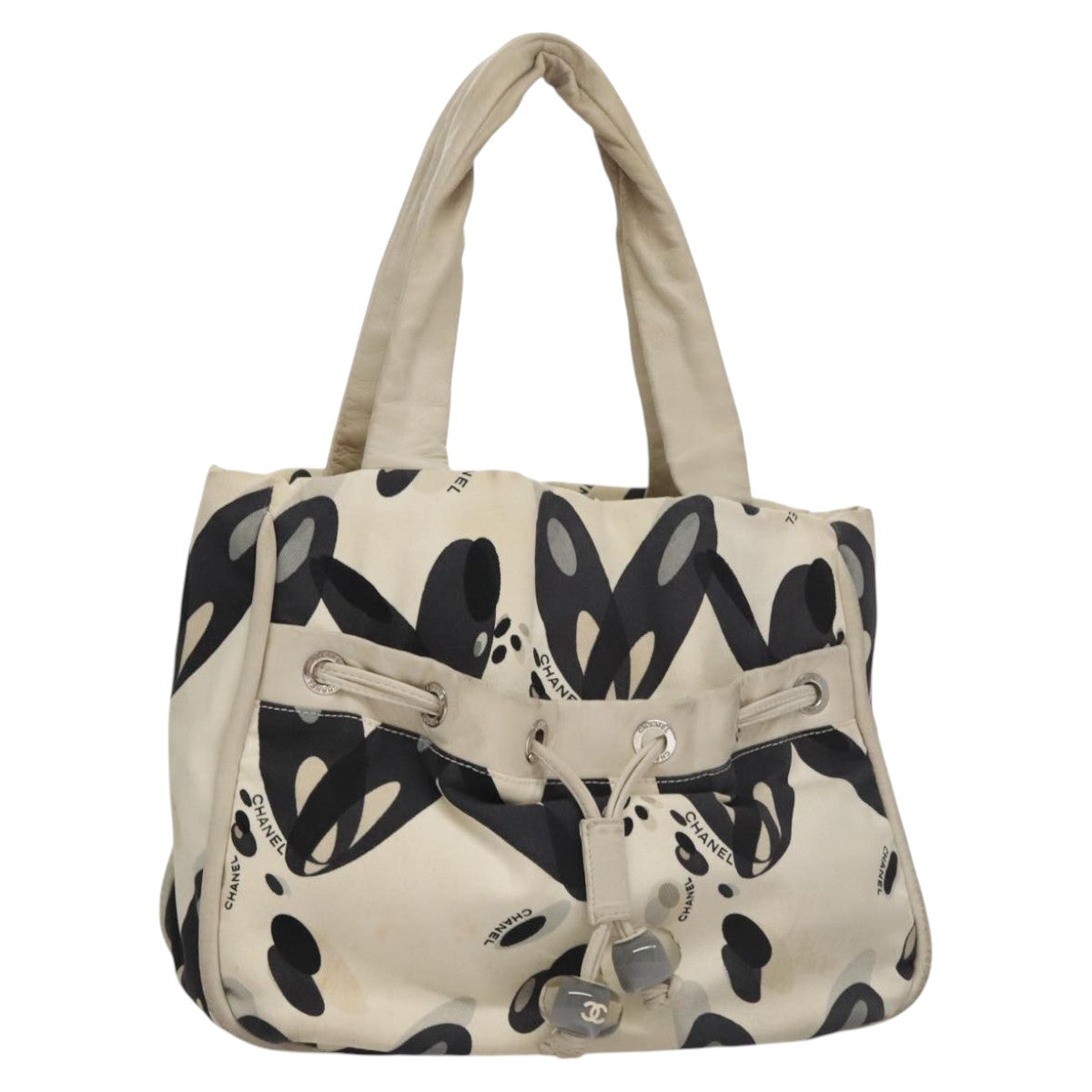 CHANEL Tote Bag Canvas White Black Silver CC bs22011