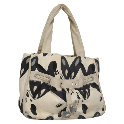 CHANEL Tote Bag Canvas White Black Silver CC bs22011