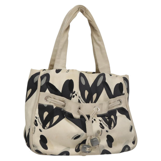CHANEL Tote Bag Canvas White Black Silver CC bs22011