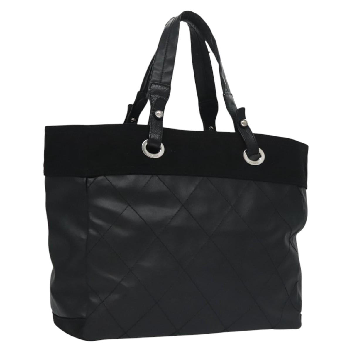 CHANEL Paris Biarritz MM Tote Bag Coated Canvas Black Silver CC bs22052