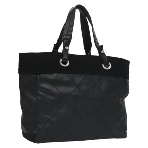 CHANEL Paris Biarritz MM Tote Bag Coated Canvas Black Silver CC bs22052