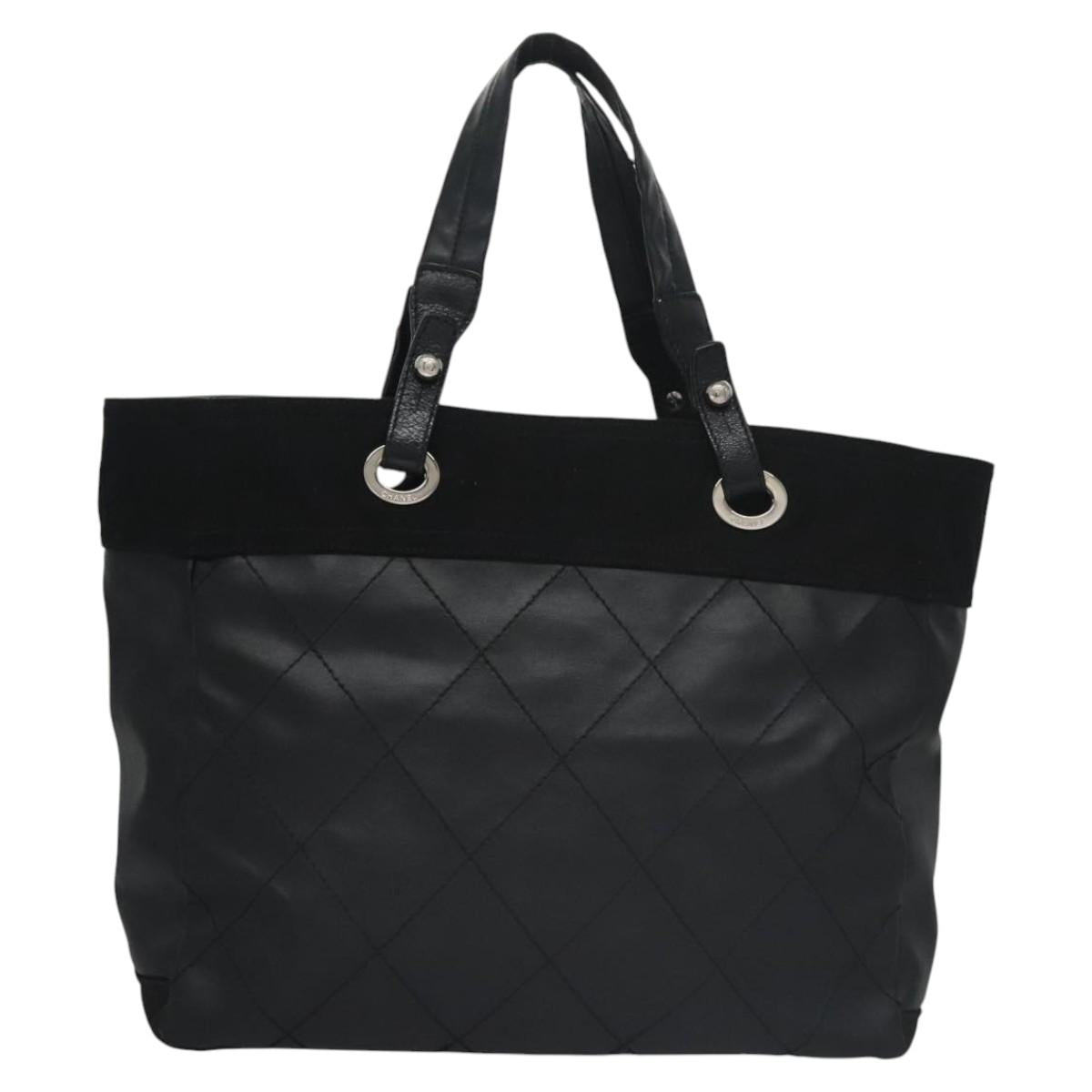 CHANEL Paris Biarritz MM Tote Bag Coated Canvas Black Silver CC bs22052